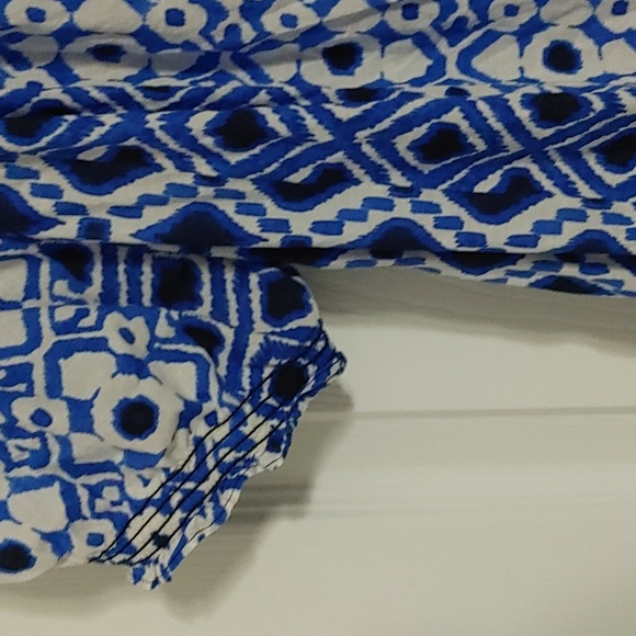 Jones New York Blue Patterned Women's XL Top Puff Sleeve Tassels Elastic Hem - Picture 4 of 8